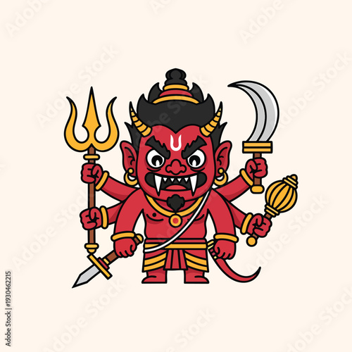 A cartoon-style deity with red skin, multiple arms, horns, and sharp teeth, holding various weapons, and adorned with traditional garb
