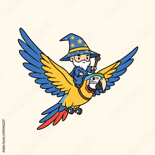 A cartoon depicts a wizard with a white beard wearing a pointy hat riding a colorful parrot in flight. The illustration uses bright colors