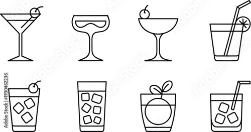 Cocktail and Beverage Outline Icon Set Featuring Martini Margarita Juice and Iced Drinks Vector Illustration Collection
