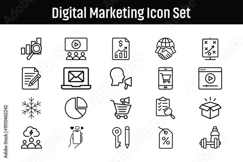 Digital Marketing Icon Set – Online Advertising SEO Media Outline Vector