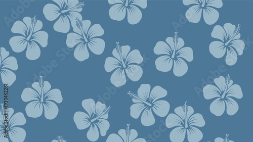 Seamless pattern featuring stylized light blue hibiscus flowers scattered across a muted dusty blue background texture