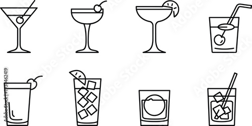 Cocktail and Mixed Drink Outline Icon Collection Featuring Martini Margarita Juice and Iced Beverage Glasses