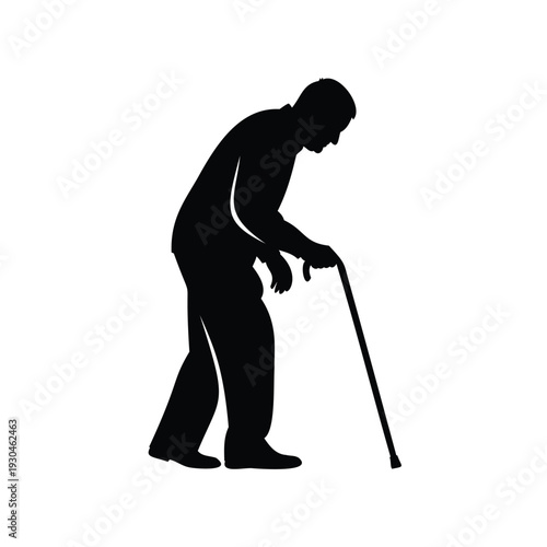 Elderly man silhouette with cane on white background