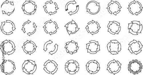 Collection of diverse circular arrow icons, symbols, and elements, depicting refresh, reload, recycle, loop, rotation, and process concepts, in various styles and numbers, isolated on white.