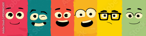 Cheerful cartoon faces on a colorful background expressing various emotions and concepts. Cartoon faces showing emotions and different personalities