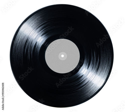 Black vinyl record isolated on transparent background PNG, top view. Classic analog music disc with detailed grooves and blank center label.