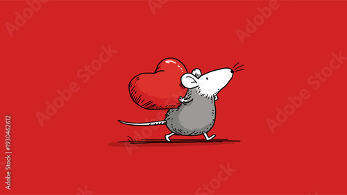 Cartoon gray rat running with a large red heart on a solid red background. Cute gray rat carrying red heart running