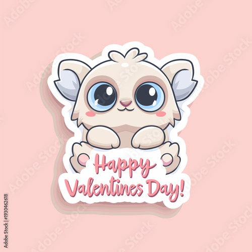 Cute cartoon animal holding a pink sign for Valentine's Day celebration. Cute big-eyed animal delivering Happy Valentine's Day message
