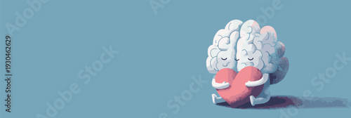 Brain and heart characters are hugging, symbolizing mental and emotional balance with care. Gentle cartoon brain and heart hugging, showing mental health