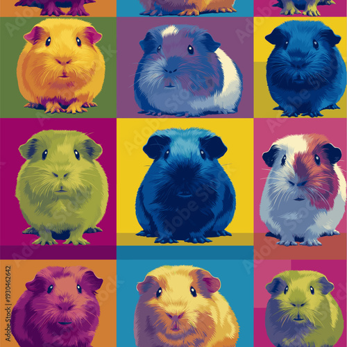 Nine cute guinea pigs in a colorful pop art distinct grid pattern. Pop art guinea pig distinct pet portraits grid