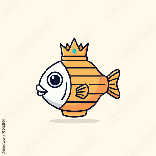 An illustration of a stylized fish in yellow and white, wearing a crown with a blue jewel, simple cartoon style on a cream background