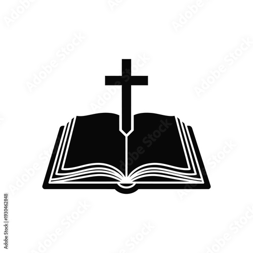 Open Bible with Christian Cross Silhouette Icon christianity