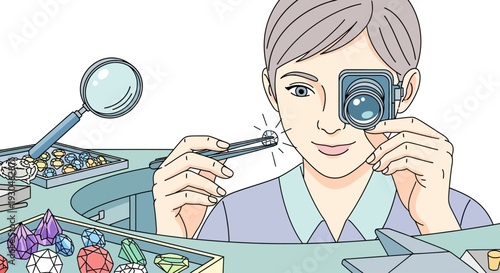 Woman Photographing Jewels with Camera and Magnifying Glass.