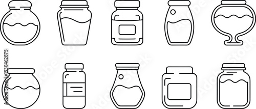 Glass Jar and Bottle Outline Icon Collection Featuring Honey Jam and Food Storage Container Vector Illustration Set