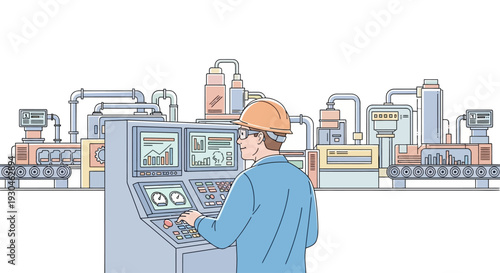 Industrial Worker Operating Control Panel.
