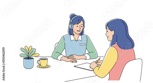 Two Women Discussing Over Coffee and Notes.