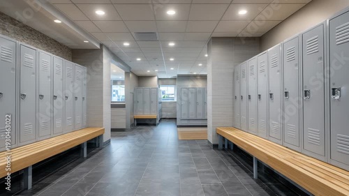 115Modern sports club locker room interior, secure lockers with numbered doors, ergonomic benches positioned for convenience, light gray walls, polished tile flooring, bright uniform