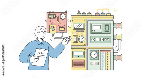 Man Inspecting Complex Industrial Control Panel.