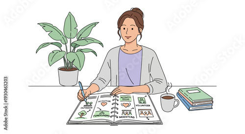 Woman Planning Project with Calendar and Notebook.