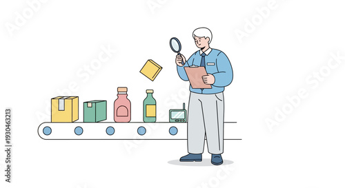 Man Inspecting Parcels on Conveyor Belt.