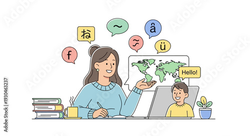 Woman Teaching Language to Young Student Online.