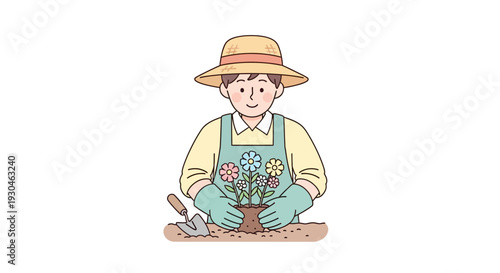Gardener Holding Flowers in Garden.