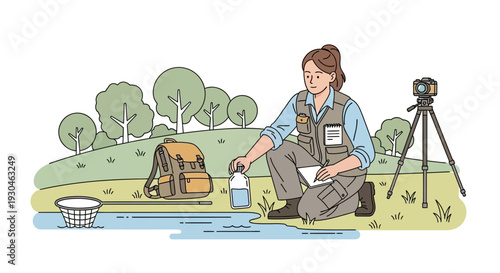 Woman Photographer Camping Near Water Body.