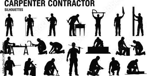Carpenter contractor silhouettes set with woodworking tools and installation activities isolated on white background, professional carpentry service and construction concept collection