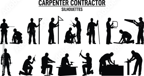 Carpenter contractor silhouettes set with woodworking tools and construction activities isolated on white background, professional carpentry and installation service collection