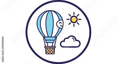 An illustration features a hot air balloon with a smiley face in a circle, accompanied by a sun and cloud. The color palette includes blue, yellow, and white