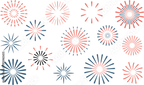Red, blue, and black fireworks and starbursts burst with festive joy, creating a vibrant pattern on a clean white background.