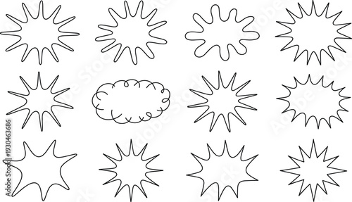A versatile collection of hand-drawn black outline speech bubbles and starburst shapes, conveying excitement and emphasis on a bright white background, ideal for graphic design.