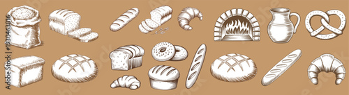 Hand drawn bakery set with bread croissant baguette pretzel oven flour sack and wheat grain icons