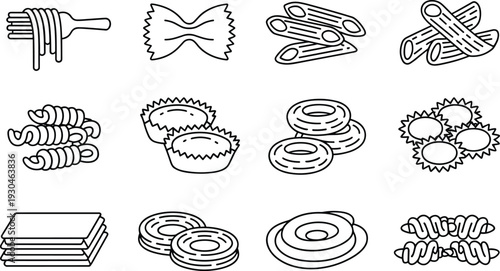 Italian Pasta Types Outline Collection Featuring Spaghetti Farfalle Penne Fusilli Ravioli Vector Illustration Set Isolated on Gray Background