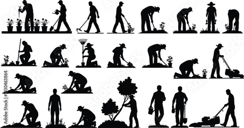 Gardener and landscaping worker silhouettes performing planting, pruning and lawn mowing tasks isolated on white background, professional garden maintenance service collection
