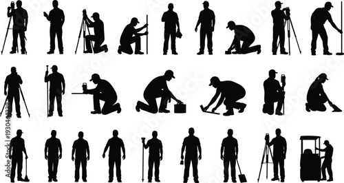 Surveyor and construction worker silhouettes set with tripod, measurement tools and site activities isolated on white background, professional engineering collection