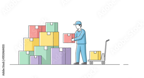 Warehouse Worker Handling Colored Shipping Boxes.