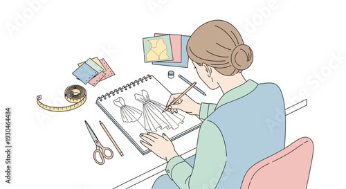 Woman Drawing Sketchbook with Pencils and Scissors.