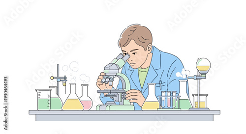 Scientist Examining Sample Through Microscope in Lab.