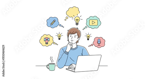 Man Thinking with Ideas around Laptop.