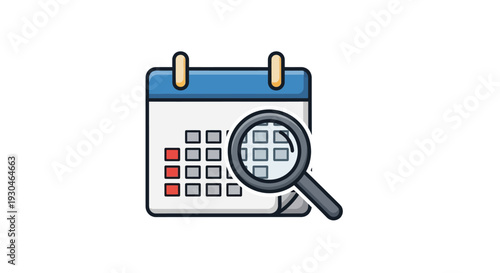 Calendar with a magnifying glass, symbolizing date search, event planning, and scheduling management