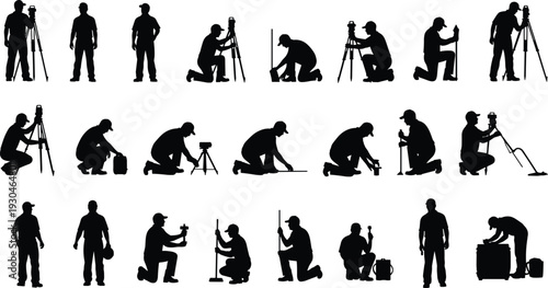 Surveyor and field technician silhouettes set with tripod and measurement equipment isolated on white background, professional land surveying and construction site concept