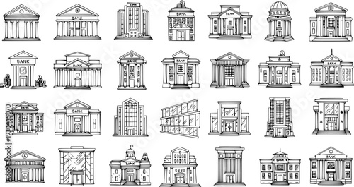 Hand-Drawn Bank Buildings Collection: Detailed Sketch Illustrations of Financial Institutions, Classic to Modern Architecture, Banking Icons Set
