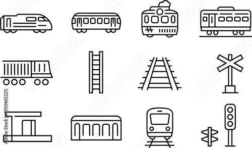 Train and Railway Outline Icon Set Featuring Locomotive Wagon Tracks Station and Signal Vector Illustration Collection
