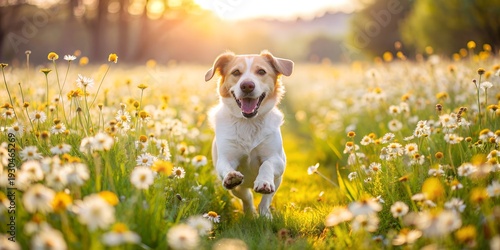 Happy dog running in a blossoming flower meadow on sunny day