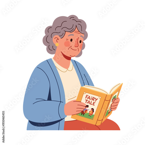 A cartoon illustration of a smiling elderly woman reading a fairy tale book with a cute dragon on the cover against a clean white background.