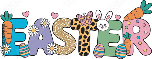 Cute Easter Bunny Carrot Floral Retro Typography  Spring T-Shirt Design