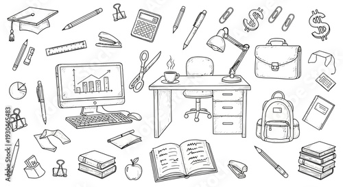 Drawn hand-sketched collection of office and school supplies for a workspace organization concept