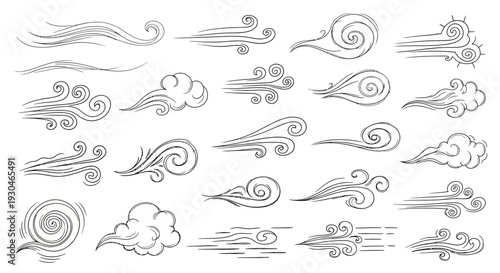 Collection of Hand-Drawn Wind and Cloud Illustrations, Depicting Various Weather Patterns and Air Currents