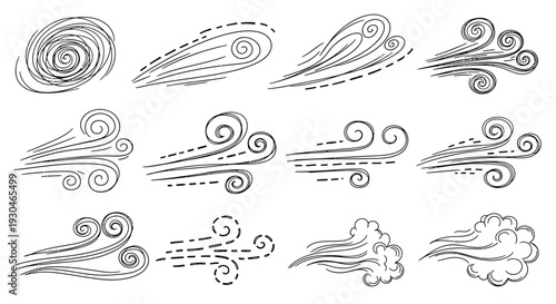 Set of doodle illustrations showing dynamic wind patterns, gusts, and flowing air movement perfect for weather and nature designs